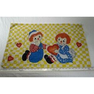 Vintage Raggedy Ann & Andy Pillowcase Yellow Gingham Bobbs Merrill 1970s Retro